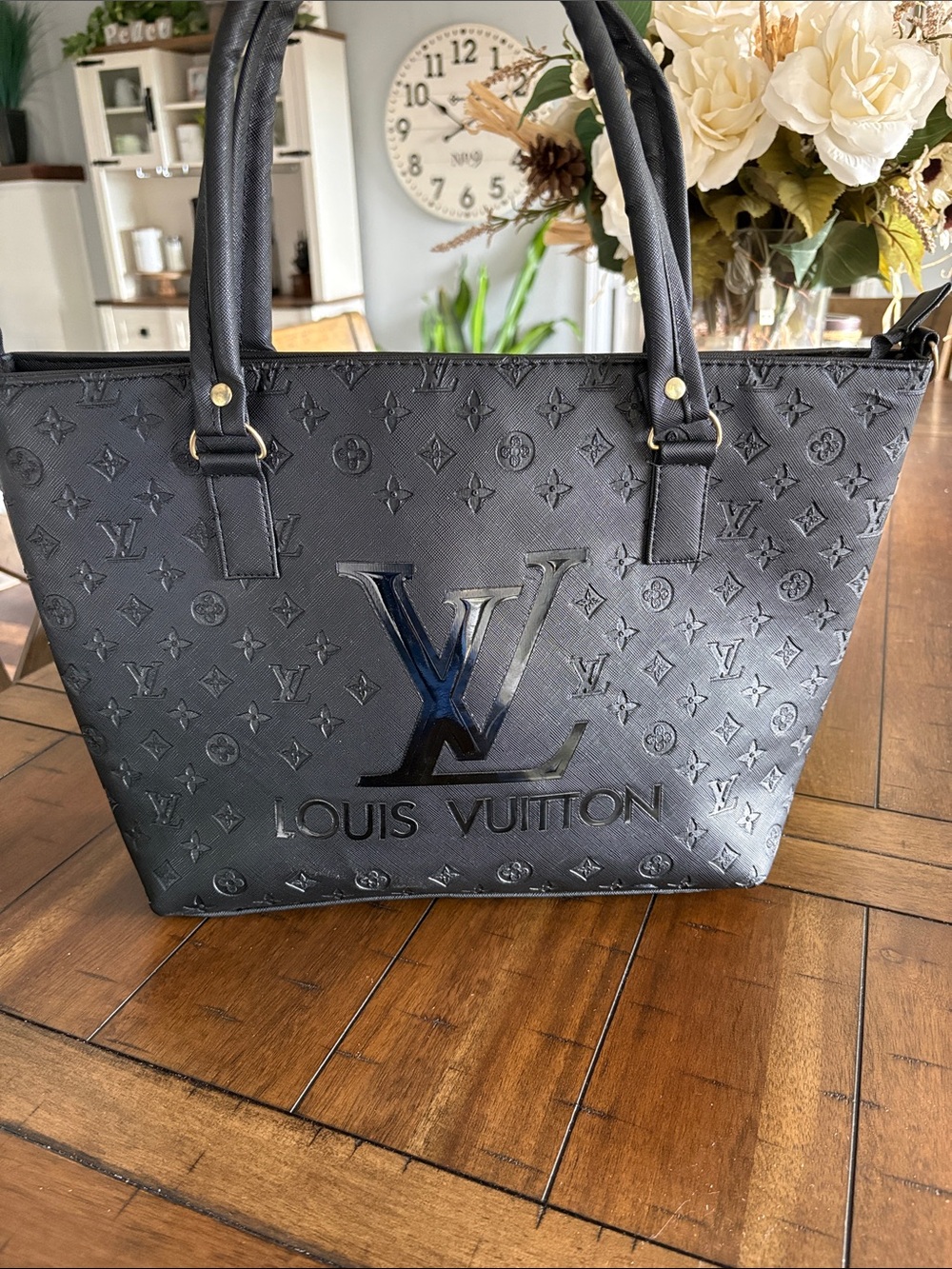 Black Embossed Fashion Monogram Tote with Glossy Emblem